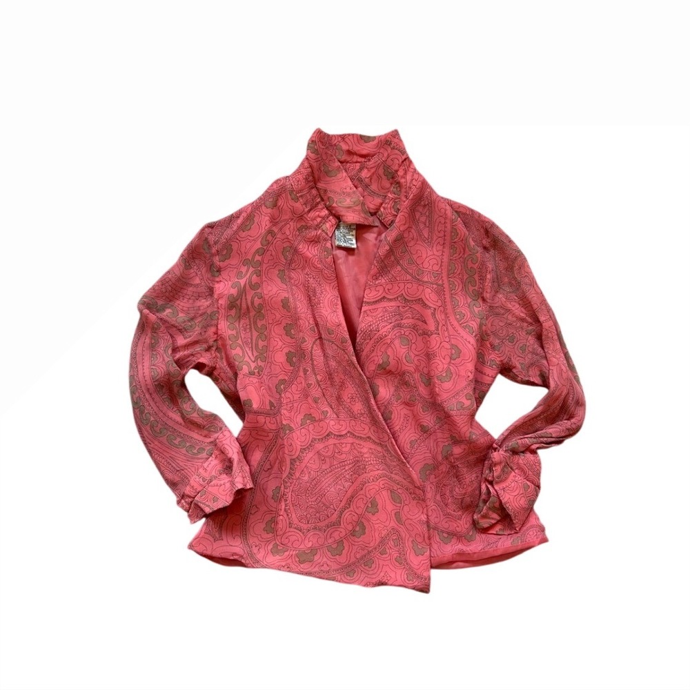 VTG ice silk paisley pink beige longsleeve‎ crossover collard cardigan  shawl S